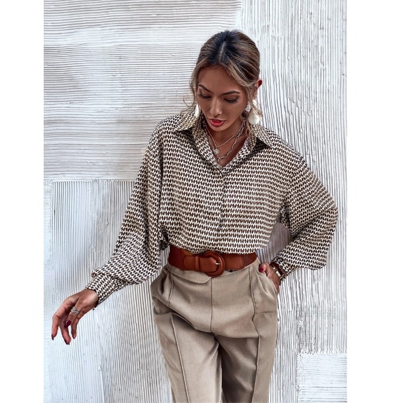 Satin All Over Print Button Down Shirt Oversized Tan Beige Brown Multicolor - Picture 6 of 16